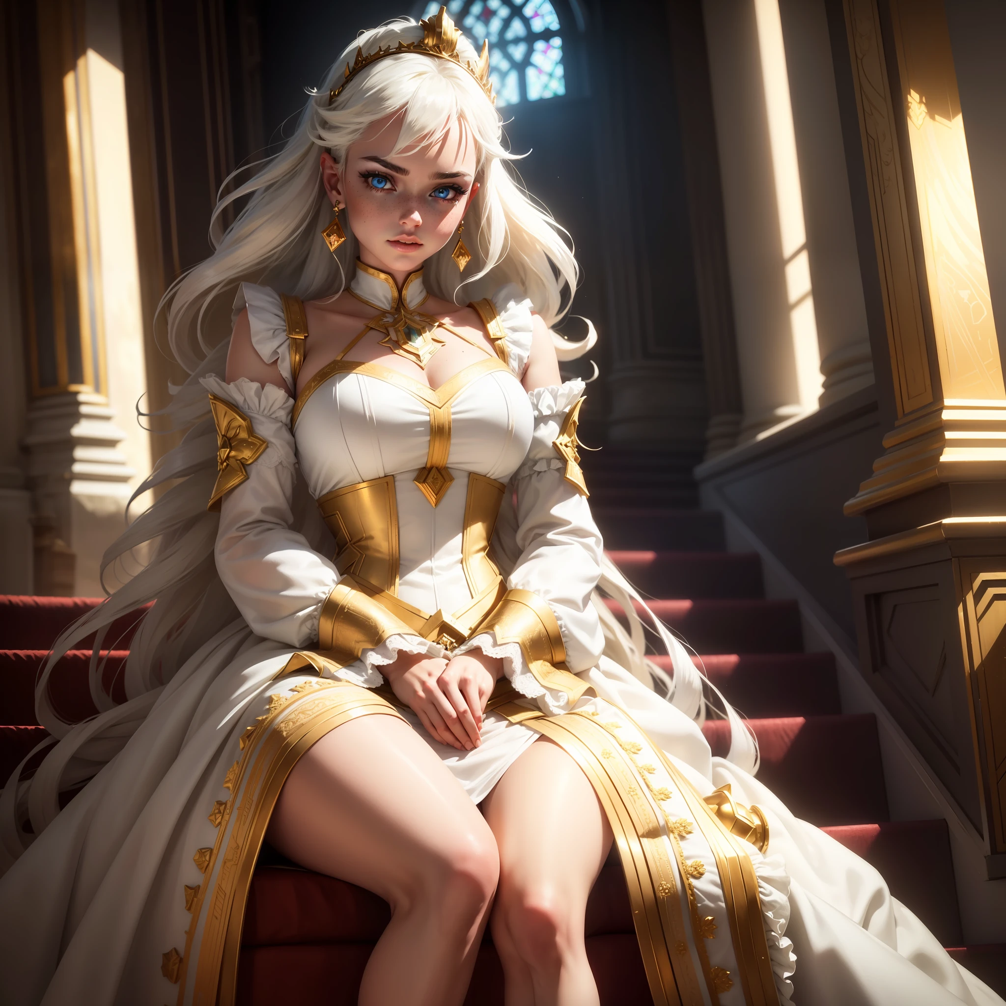 Extremely detailed woman sitting on her throne with reflective diamond details with a dominant pose in front of the stairs, giant and extremely detailed window behind her, with white blacklight, bright blonde hair with bangs, extremely large crown of diamonds, extremely light and bright large blue eyes, freckles, looking down with look of extreme contempt and hatred for the viewer,  long, white dress with gold details and red straps, white fuzzy stairs in the middle and red fabric at the ends, with identical gold details in each fold,, extremely strong lighting and shadow on the hair, extremely strong shadow on the face, diamond details,volumetric lighting, unreal render, octane render, perfect face, perfect dress, perfect hands, perfect face,  perfect eyes, glamour atmosphere, ray tracing reflections, ray traced, rtx, hdr, sharpen, cinematic, golden hour