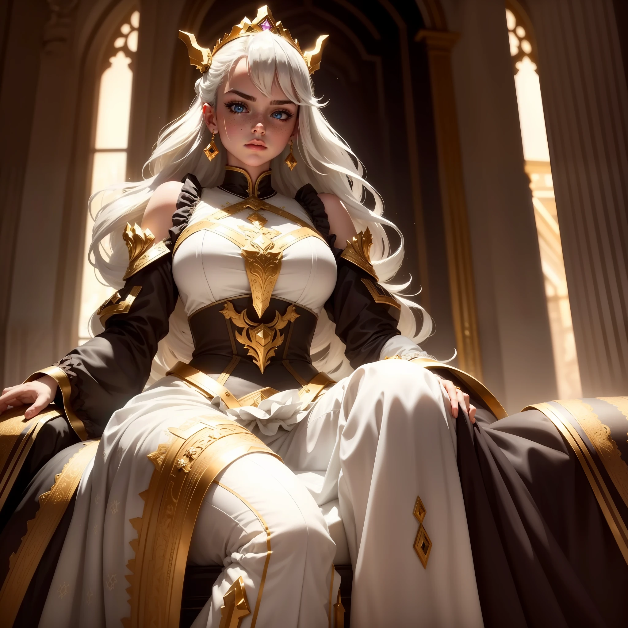 Extremely detailed woman sitting on her throne with reflective รายละเอียดเพชร with a dominant pose in front of the stairs, หน้าต่างขนาดยักษ์และมีรายละเอียดมากด้านหลังเธอ, มีแสงสีดําสีขาว, ผมสีบลอนด์สดใสกับเรียบ, มงกุฎเพชรขนาดใหญ่มาก, ดวงตาสีฟ้าขนาดใหญ่ที่สว่างและสว่างมาก, กระ, มองลงมาด้วยรูปลักษณ์ของการดูถูกและความเกลียดชังอย่างรุนแรงสําหรับผู้ชม,  ยาว, ชุดเดรสสีขาว คอกลม แขนกุด ผ้าชีฟอง ผ้าชีฟอง, บันไดเลือนสีขาวตรงกลางและผ้าสีแดงที่ปลาย, ด้วยรายละเอียดสีทองที่เหมือนกันในแต่ละพับ,, แสงที่แข็งแกร่งมากและเงาบนเส้นผม, เงาที่แข็งแกร่งมากบนใบหน้า, รายละเอียดเพชร,แสงปริมาตร, การเรนเดอร์ที่ไม่จริง, การเรนเดอร์ค่าออกเทน, ใบหน้าที่สมบูรณ์แบบ, ชุดที่สมบูรณ์แบบ, มือที่สมบูรณ์แบบ, ใบหน้าที่สมบูรณ์แบบ,  ดวงตาที่สมบูรณ์แบบ, บรรยากาศเย้ายวนใจ, การสะท้อนของการติดตามรังสี, เรย์ เทรซ, RTX, เอชดีอาร์, เหลา, โรงภาพยนตร์, ชั่วโมงทอง