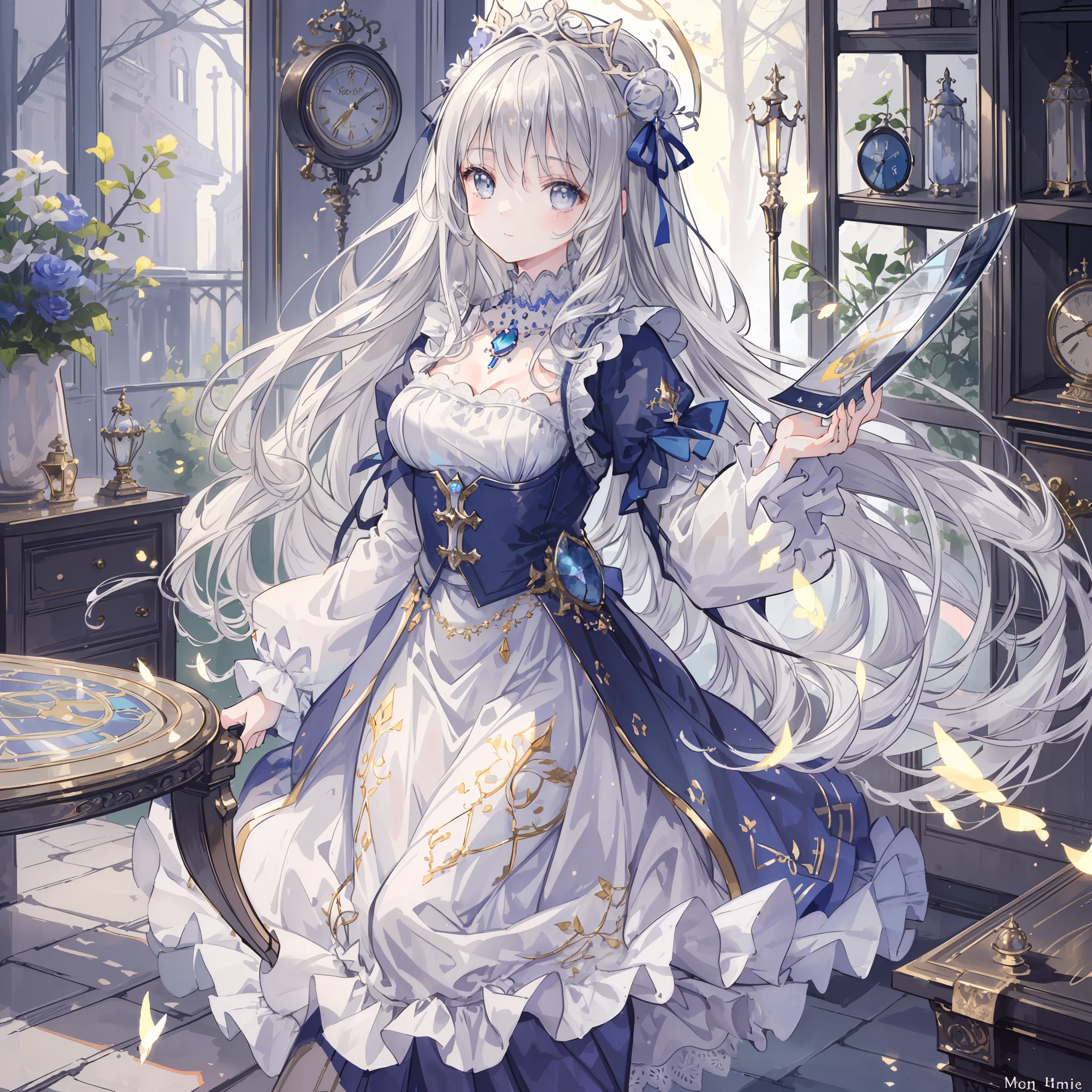 (masterpiece), (best quality), (1 girl)), amazing, beautiful detail eyes, fine details, depth of field, original, (best quality), (super detailed), (best illustration), (best lighting, best shadow), (very delicate and beautiful)), very detailed wallpaper, dream background, from front, landscape, young girl, loli, full body, long white hair, ((gray eyes)), beautiful detailed eyes, medium breasts, (((cobalt long skirt)), fluffy long sleeves, hair accessories, necklace, summer, light, light makeup, outdoor, windbling, floating, giggling, wet, (halo), magic circle, on cabinet, clock, mirror, air, flying