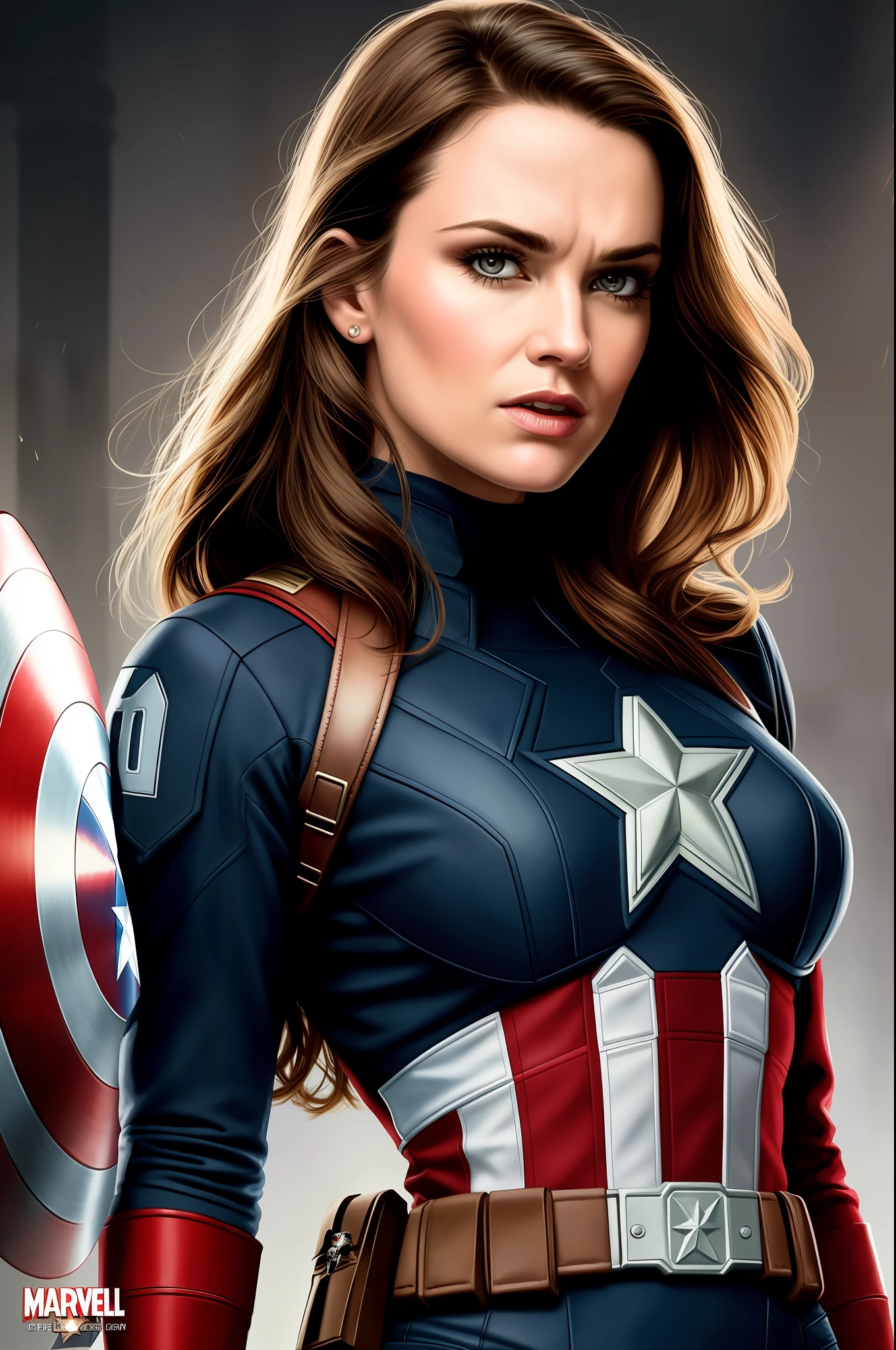 Tarantino style, a Beautiful woman like Captain America 8k, high definition, detailed face, detailed face, detailed eyes, detailed suit, Marvel and DC style, hyper-realistic, + cinematic shooting + dynamic composition, incredibly detailed, sharp, details + superb details + night with light + perfectionism + award-winning realism ((grumpy lighting)),(upper body)