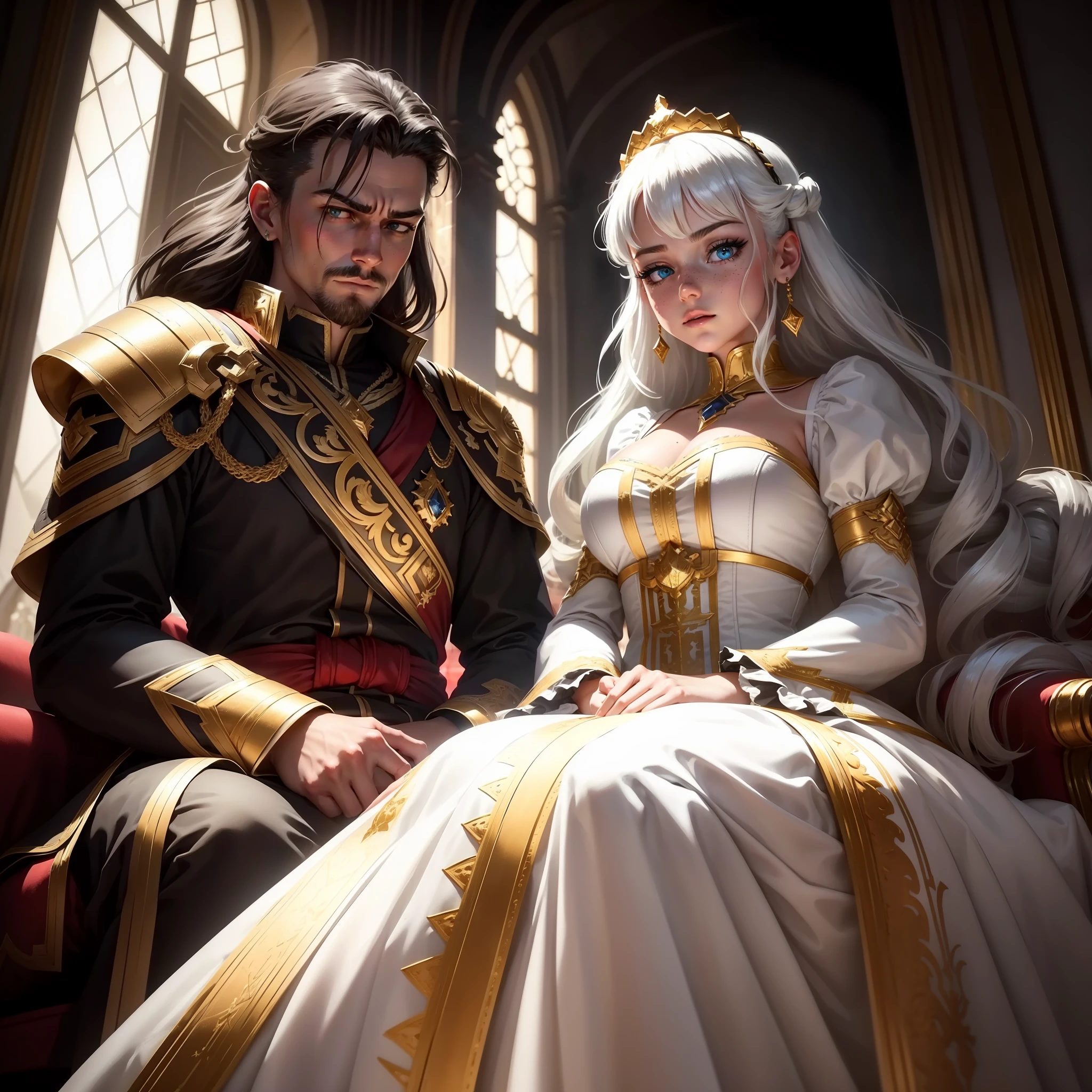 extremely detailed king and queen sitting on her throne with reflective 다이아몬드 세부사항 with a dominant pose in front of the stairs, 그녀 뒤에 있는 거대하고 매우 상세한 창문, 흰색 블랙라이트와 함께, 앞머리가 있는 밝은 금발 머리, 매우 큰 다이아몬드 왕관, 크고 파란 눈은 매우 밝고 밝습니다., 주근깨, 시청자를 극도로 경멸하고 증오하는 표정으로 내려다보는 것,  긴, 골드 디테일과 레드 스트랩이 있는 화이트 드레스, 중간에 흰색 퍼지 계단이 있고 끝 부분에 빨간색 천이 있음, 각 접힌 부분에 동일한 골드 디테일이 있습니다.,, 머리카락에 매우 강한 조명과 그림자, 얼굴에 그림자가 너무 강하다, 다이아몬드 세부사항,체적 조명, 언리얼 렌더링, 옥탄 렌더, 완벽한 얼굴, 완벽한 드레스, 완벽한 손, 완벽한 얼굴,  완벽한 눈, 매력적인 분위기, 레이 트레이싱 반사, 광선 추적, RTX, HDR, 갈다, 시네마틱, 황금 시간