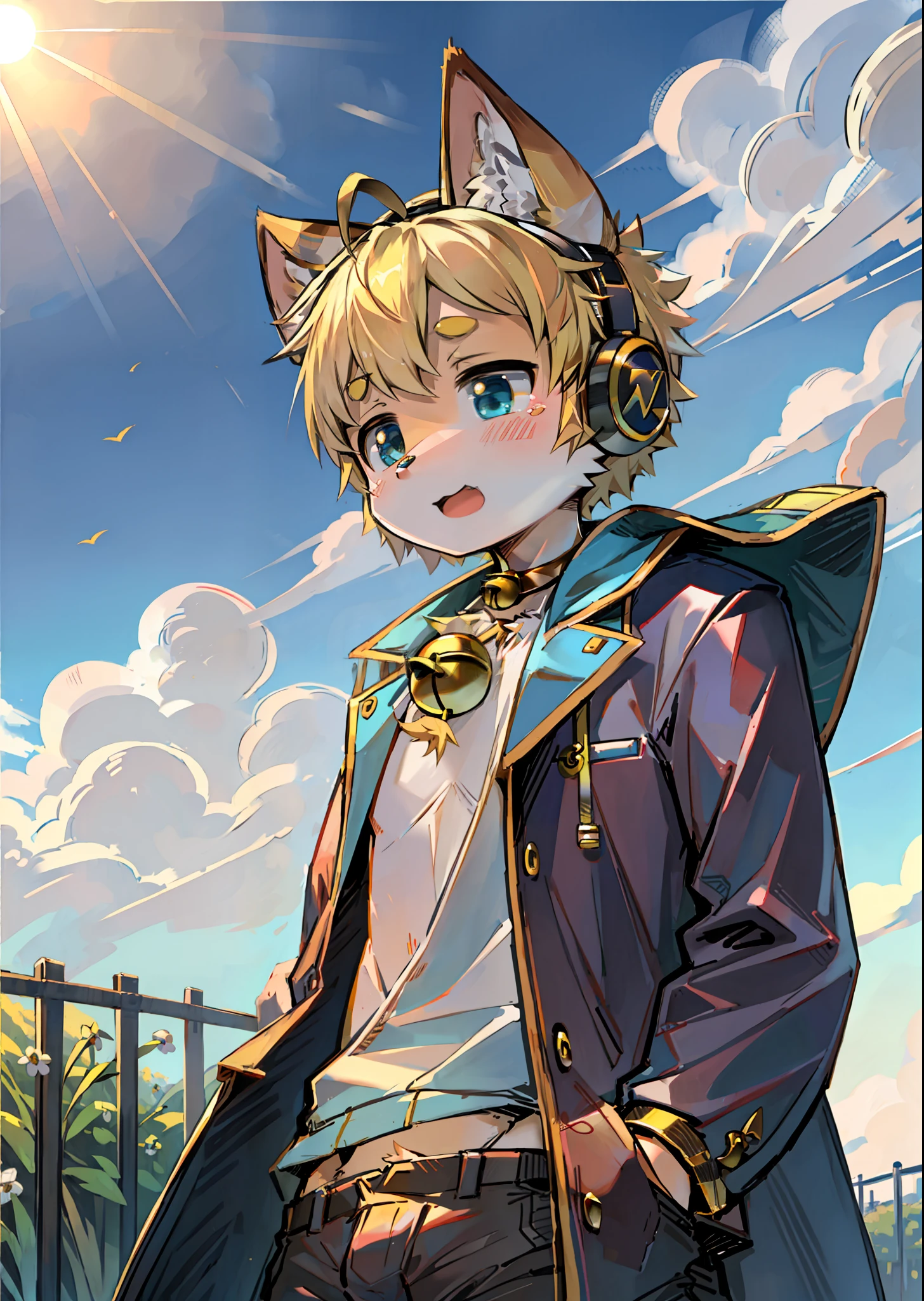 field, garden, band-aid, short hair, blonde, ahoge, bell collar, headphones, lower body, child, furry, cat ears, open mouth, clouds, sky, sky, sun, in summer, no spots, cubs, yellow hair everywhere, yellow fur everywhere, cat ears, cat type, big fluffy tail, masterpiece, high-quality portrait, human figure, cub, beard, lone child boy, wind, pose, full shot, sky blue coat, gray shorts, yellow scarf, white shirt, super cute face, Hands, meat pads, layered, Furry