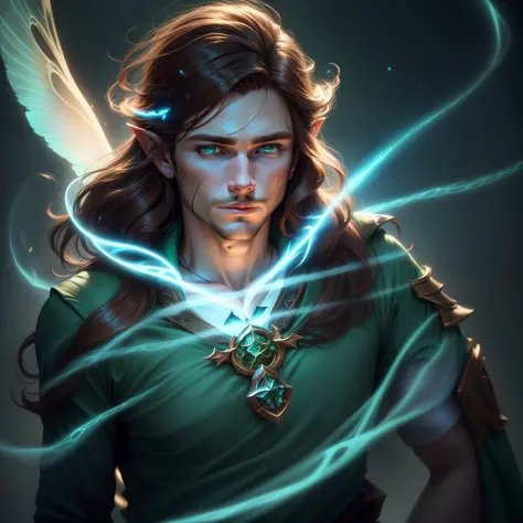 beautiful men brown hair fairy, green runes the face, big beautiful blue wings of fairy, plane of faerie, mistic, d&d, elfic ear...