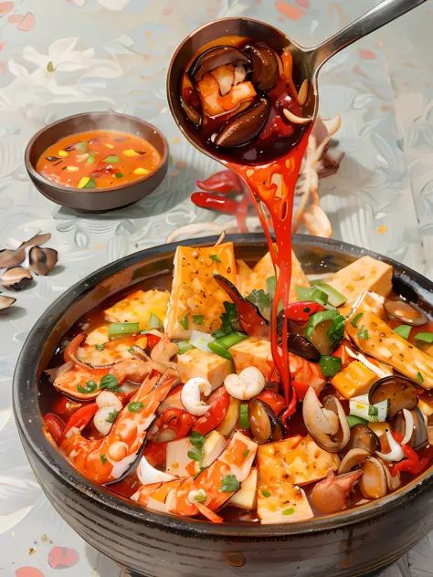 High-quality food photography, Taoist holding a shutter, through the lens Mapo tofu and hairy crab in the bowl, sauce pouring down, creating a mouth-watering picture, {"tone optimization": 1.4}, {"spicy taste": 1.3}, {"Sichuan flavor": 1.2}. --auto --s2