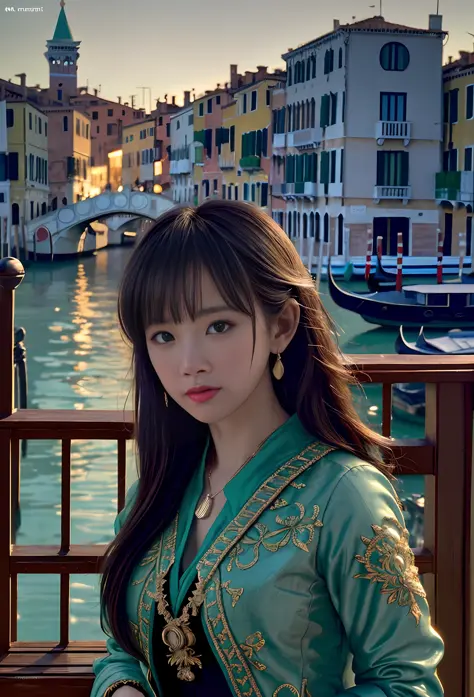 80mm, epic realistic, painting of a dancer on a boat of 2020s venice,(bridge of sighs background), by range murata, a big red su...