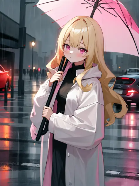 (masterpiece, best quality, absurdres), 1girl, solo, solofocus, blonde hair, long hair, pink eyes, small to medium breasts, teenager, closeup, outdoors, rainy, rain, holding umbrella, clear umbrella, grey coat, white long sleeve shirt, street, cars in back...