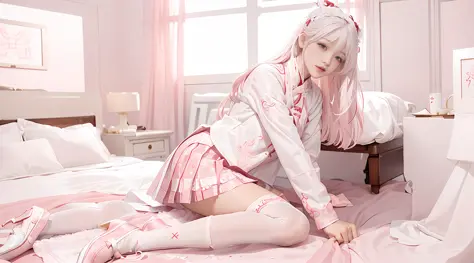 Chinese style, white hair, Chinese clothing, Tang style Hanfu, Hanfu, ((((pink and white skirt)), embroidery, over-the-knee sock...