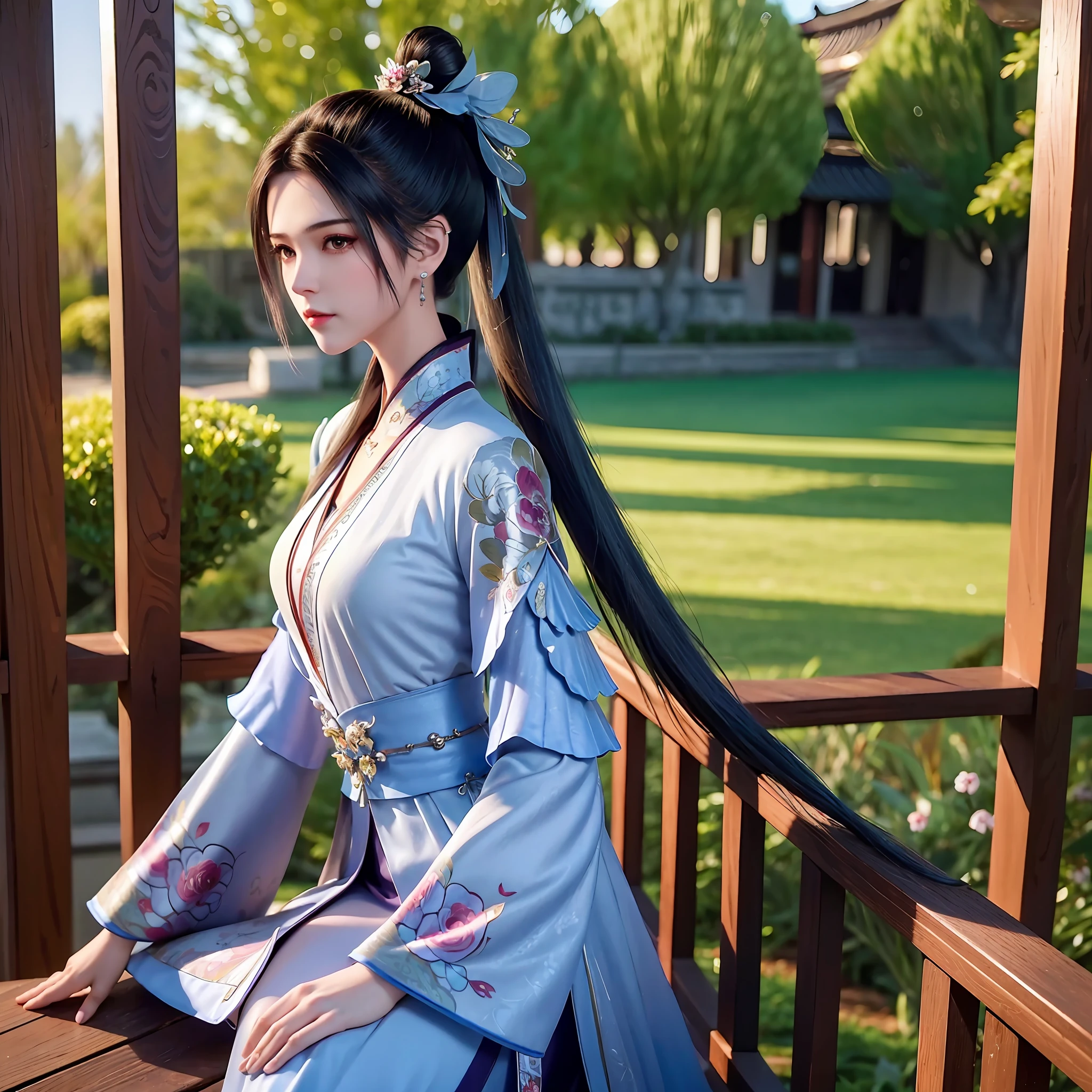 nanhongxier,hanfu,Wide-sleeved fairy clothes,1girl, (long hair:1.2), (high ponytail:1.5),Facing the camera, upper body, solo, the upper part of the body，flower, chinese clothes, railing, blurry, black hair, east asian architecture, architecture, brown hair, profile, red flower, updo, hair bun, outdoors,vibrant details,beautiful background, octane render, H. R. Giger style,best quality, masterpiece, illustration, an extremely delicate and beautiful, extremely detailed ,unity ,wallpaper,photo-realistic, finely detail,best quality,official art, extremely detailed,unity,nangongxier,Wide-sleeved fairy dress