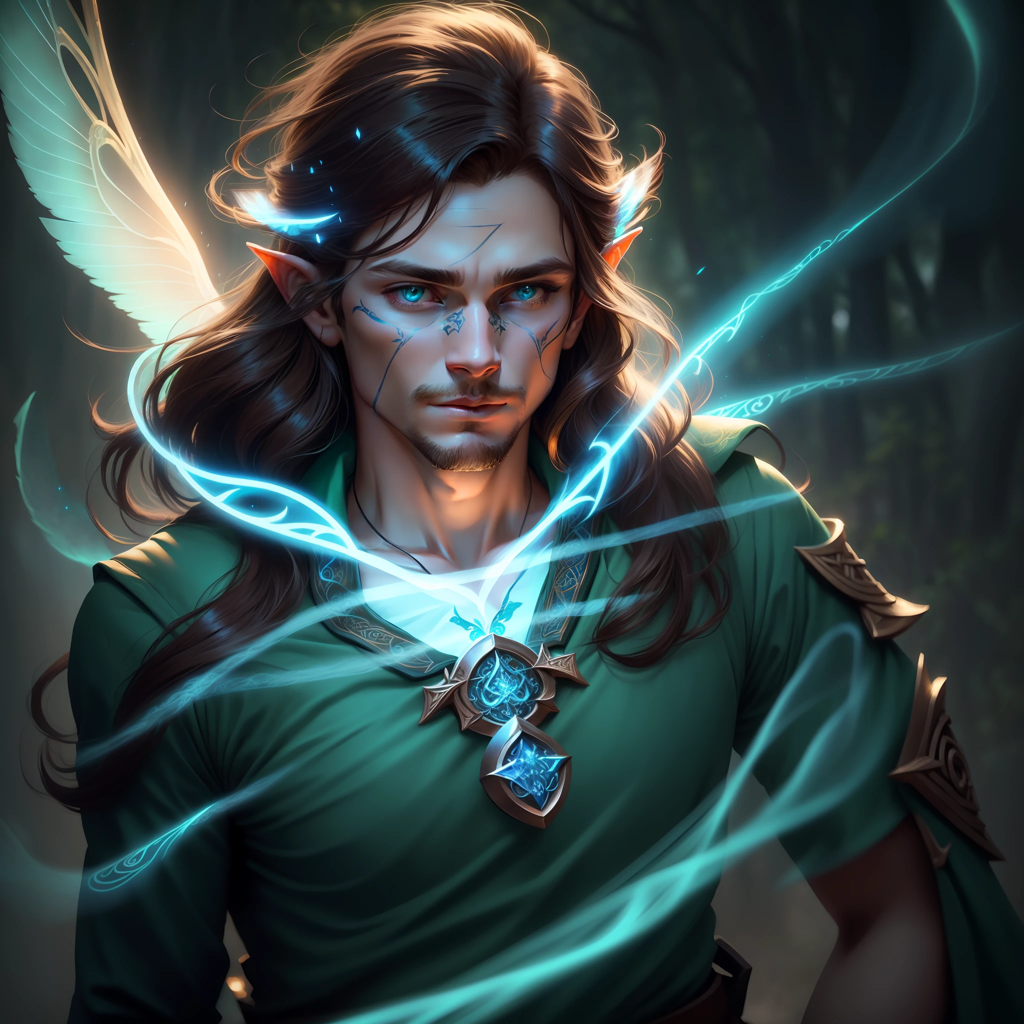 tasha wizard, handsome man brown hair fairy, green celtic rune tattoos the face, beautiful and immense blue fairy wings on the back, fairy plane, mysticism, D&D, long elven ears, 8k sensual lighting, soft portrait shot 8 k, forest background, gorgeous cinematic lighting, beautiful and cinematic lighting, cinematic lighting photography, soft lighting 8k,  Picture soft low light