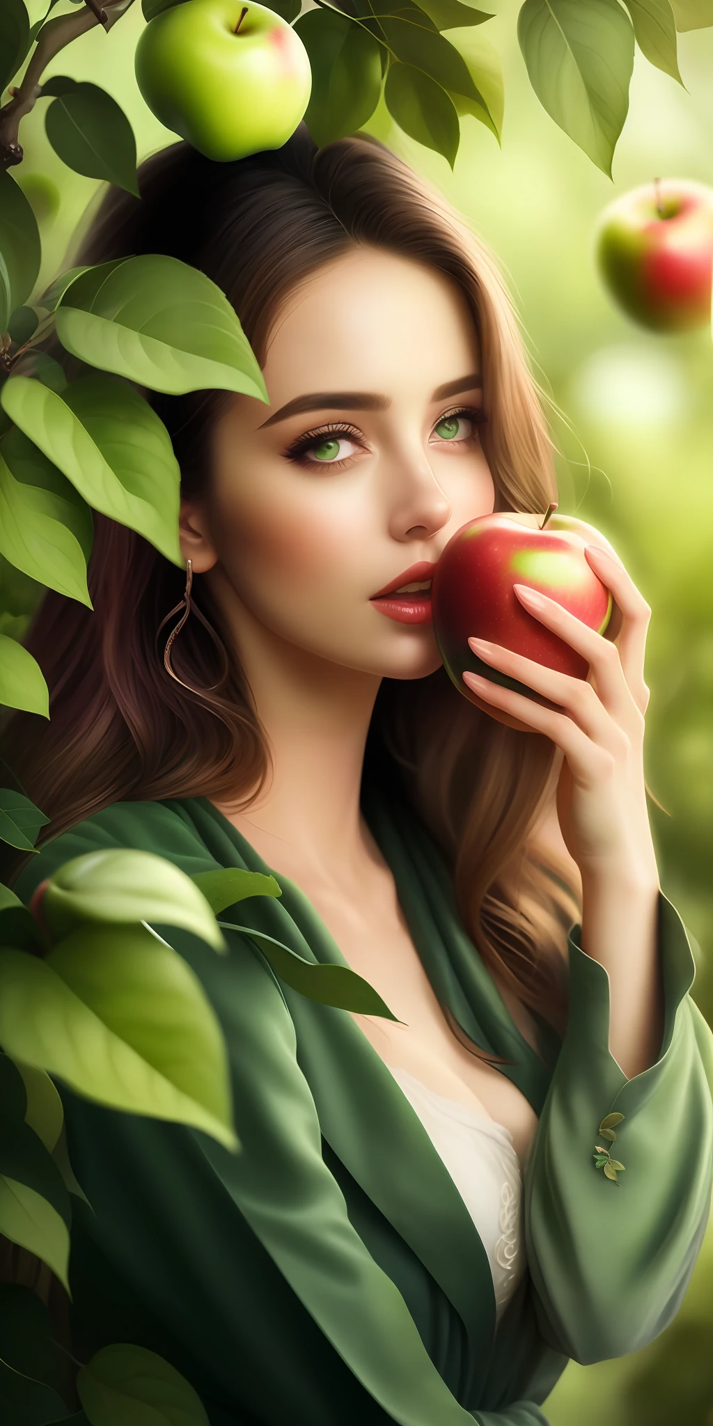 Best quality,highest resolution,8k, artistic illustration, beautiful portrait, masterpiece, most beautiful woman,most beautiful girl, greedy eyes, biting an apple,dressed in leaves, dressed in green leaves,the most beautiful girl in profile in front of an apple tree, greedy eyes,, an apple tree, biting an apple
