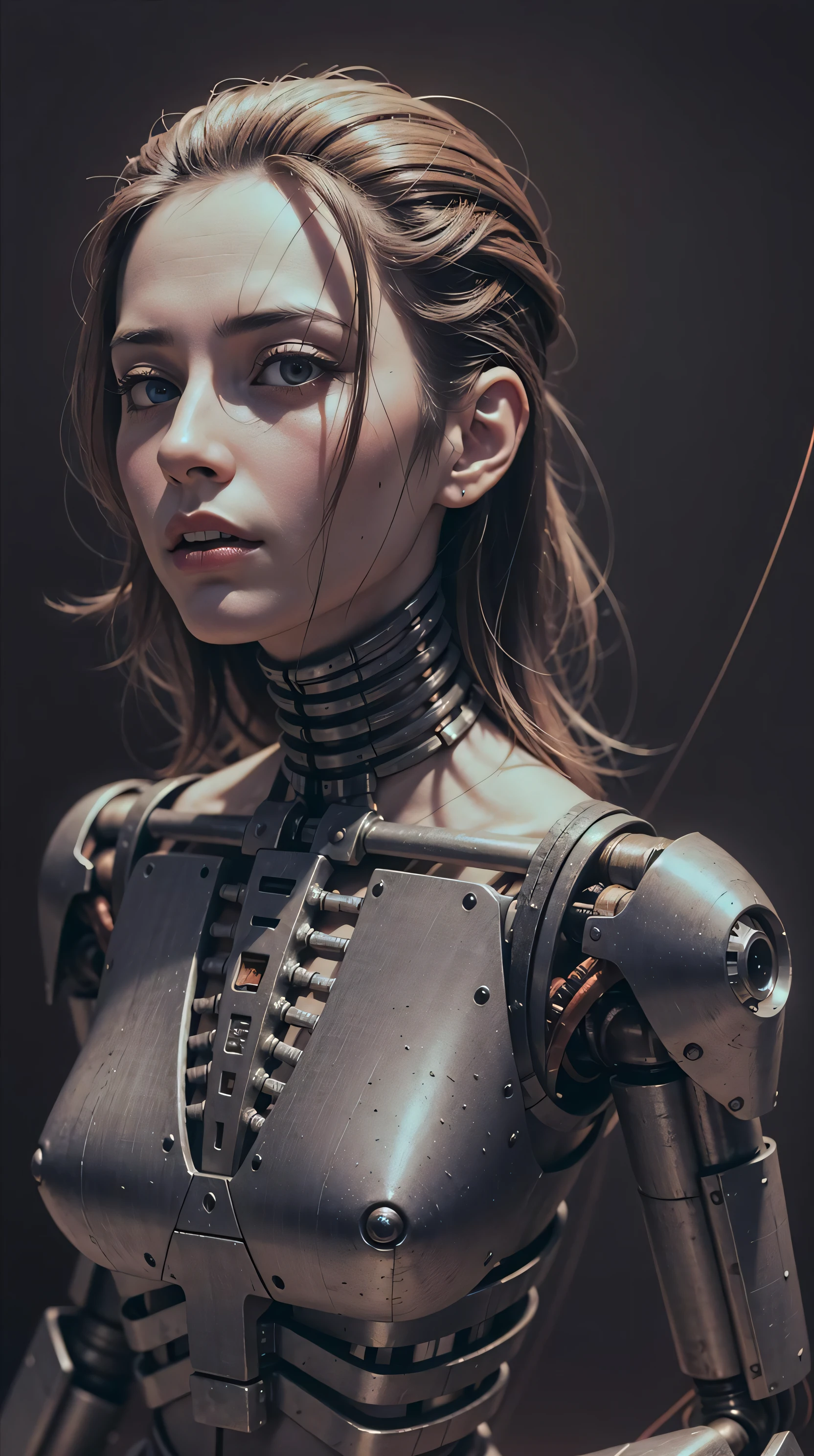 Ray tracing, (masterpiece,best quality:1.3), (ultra-detailed:1.3), (photo-realistic:1), (an extremely delicate and beautiful), cinematic light,(1mechanical girl), (hair made of copper wires), solo, full body, (machine made joints), (((mechanical lower jaw only))), mechanical limbs, blood vessels connected to tubes, mechanical vertebra attaching to back,(mechanical cervical attaching to neck), (((red glowing eyes))), bio-mechanical, hr giger style,  zdzislaw beksinski skyle, metallic skeletal bones, exoskeleton, sitting,expressionless, (assembling body parts),(wires and cables attaching to neck and body), (wires and cables attaching to spine and, (intricate details:1) character focus, science fiction, RAW photo, cinematic masterpiece, (majestic epic composition), (movie scene), full shot, epic dynamic frame, dynamic pose, motion blur, sci-fi, cyber, (((cinematic look))), rim light, film grain, natural skin texture, 24mm, 4k textures, (highly detailed worn metal texture:1.3),