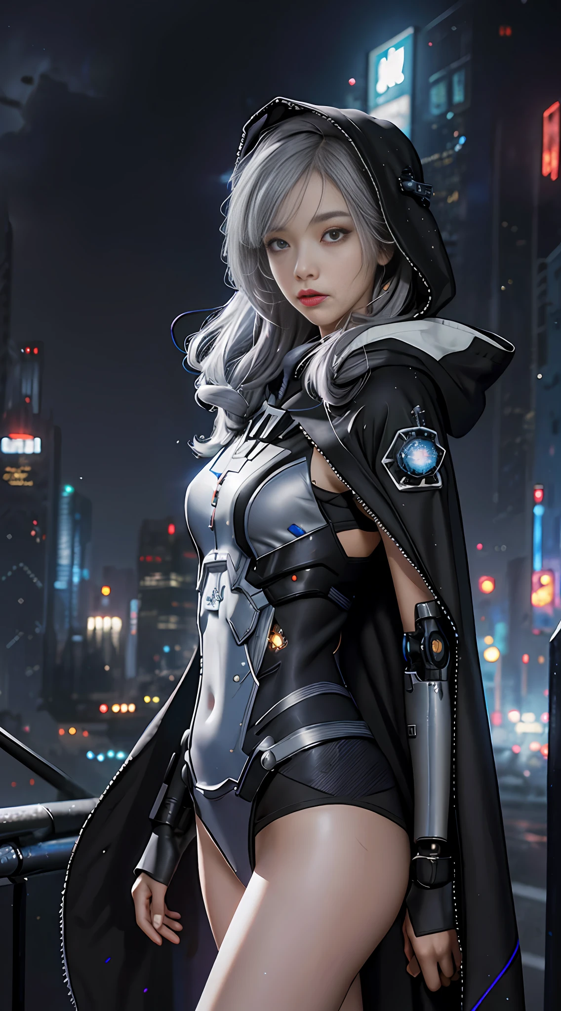 Masterpiece, best quality, 4k, mecha, starry sky, stars \ (sky\), cape, hair ribbon, slim legs, hood, long hair, gray hair, cyberpunk, depth of field