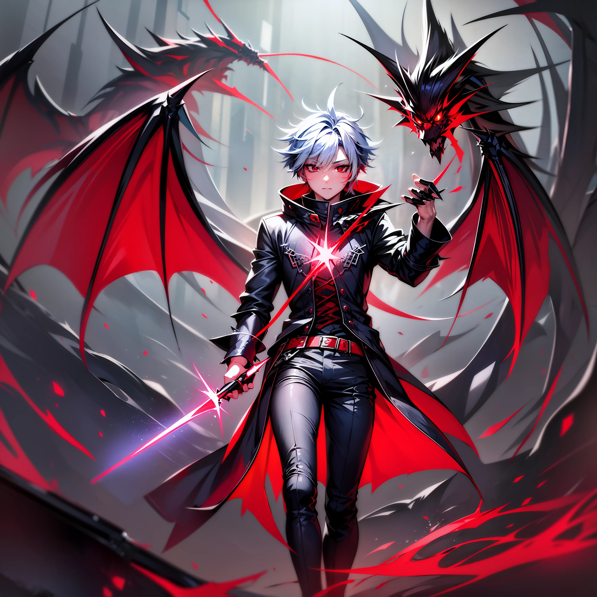 draw a boy with red clothing with black spiky white hair white eyes with 1/4 blue,in his right hand a wand releasing a black magic,full body in an environment with dragons and wolves
