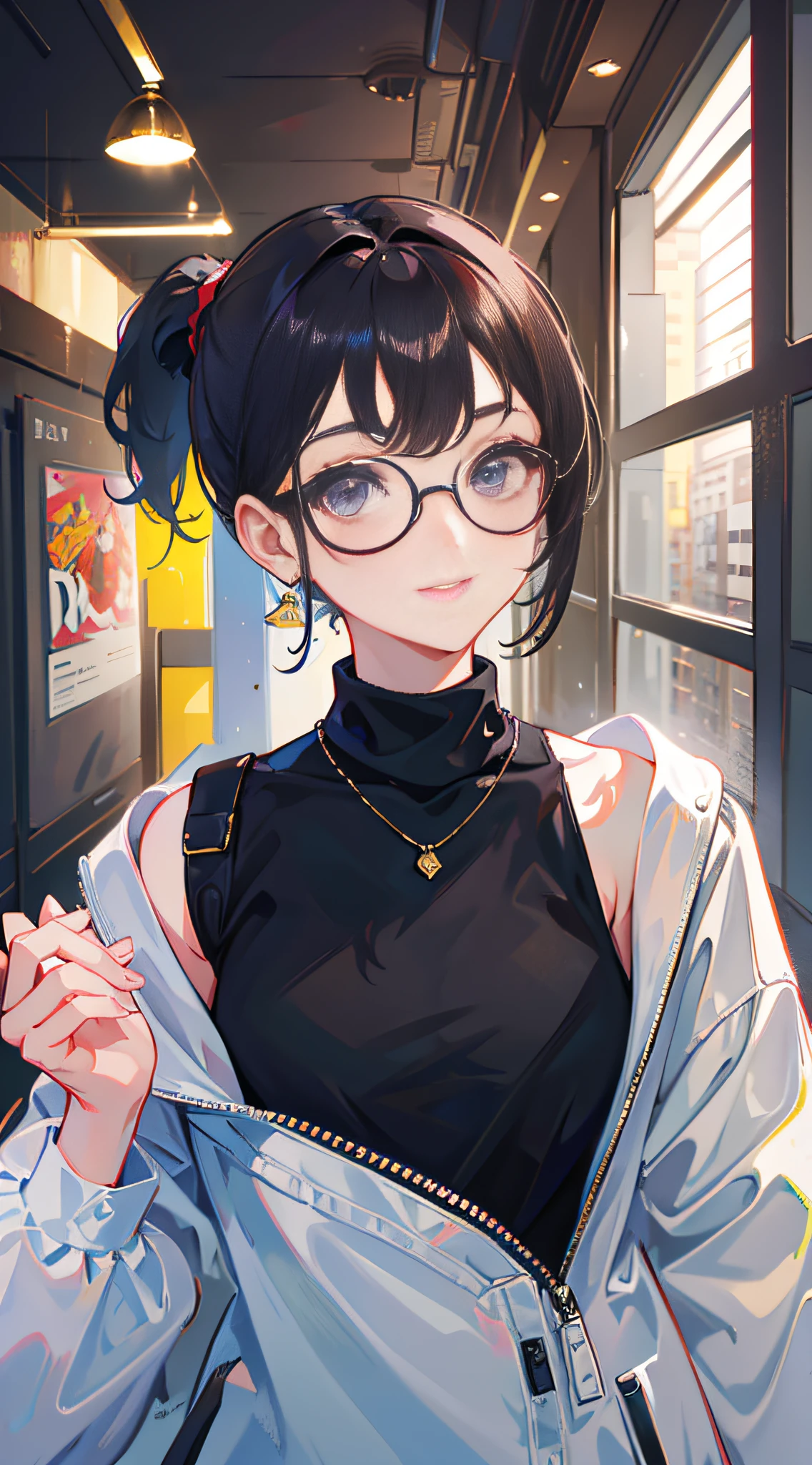 masterpiece, best quality, American clothes, 1girl, solo, ponytail, widesmile, eyeglasses, 1girl, short hair, black turtleneck, holding hands