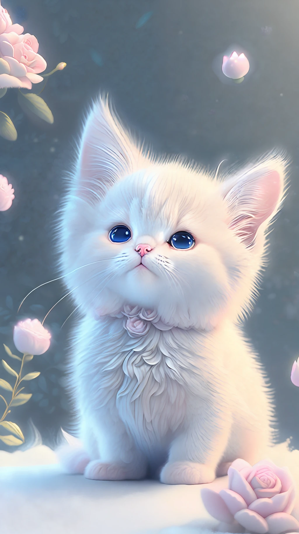 在这张超精细的 CG 艺术作品中, 可爱的小猫被飘逸的玫瑰包围着, 笑声, 最好的质量, 高分辨率, 复杂的细节, 幻想, 可爱的动物, 紫色的, 有趣的, 左边, 张开嘴!! 笑!!!