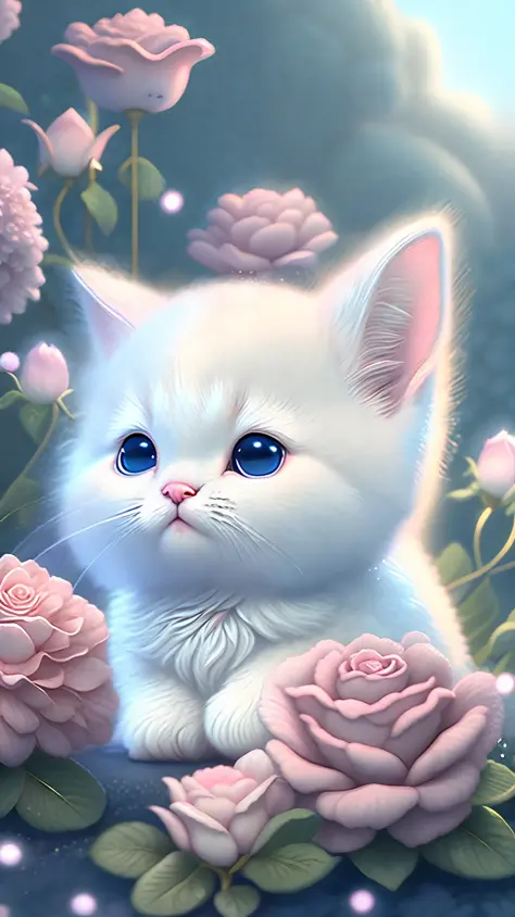 In this ultra-detailed CG art, cute kittens surrounded by ethereal roses, laughter, best quality, high resolution, intricate details, fantasy, cute animals, purple, funny, left, open mouth!! Laugh!!!