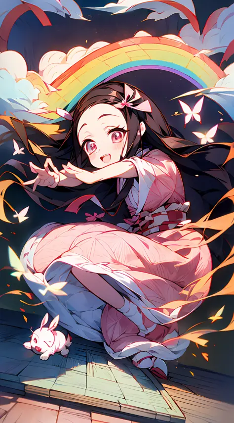 Cute Anime style, nezuko kamado dancing, rainbow in the background, puppies, butterflies, japanese house,detailed face, detailed...