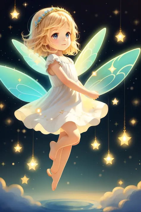 The Fairy of the Stars, various poses and expressions on white background, children's book illustration style, simple, cute, sweet, 6 years old, colors, long blonde hair, plain color, knee-length white dress, with fairy magic flour