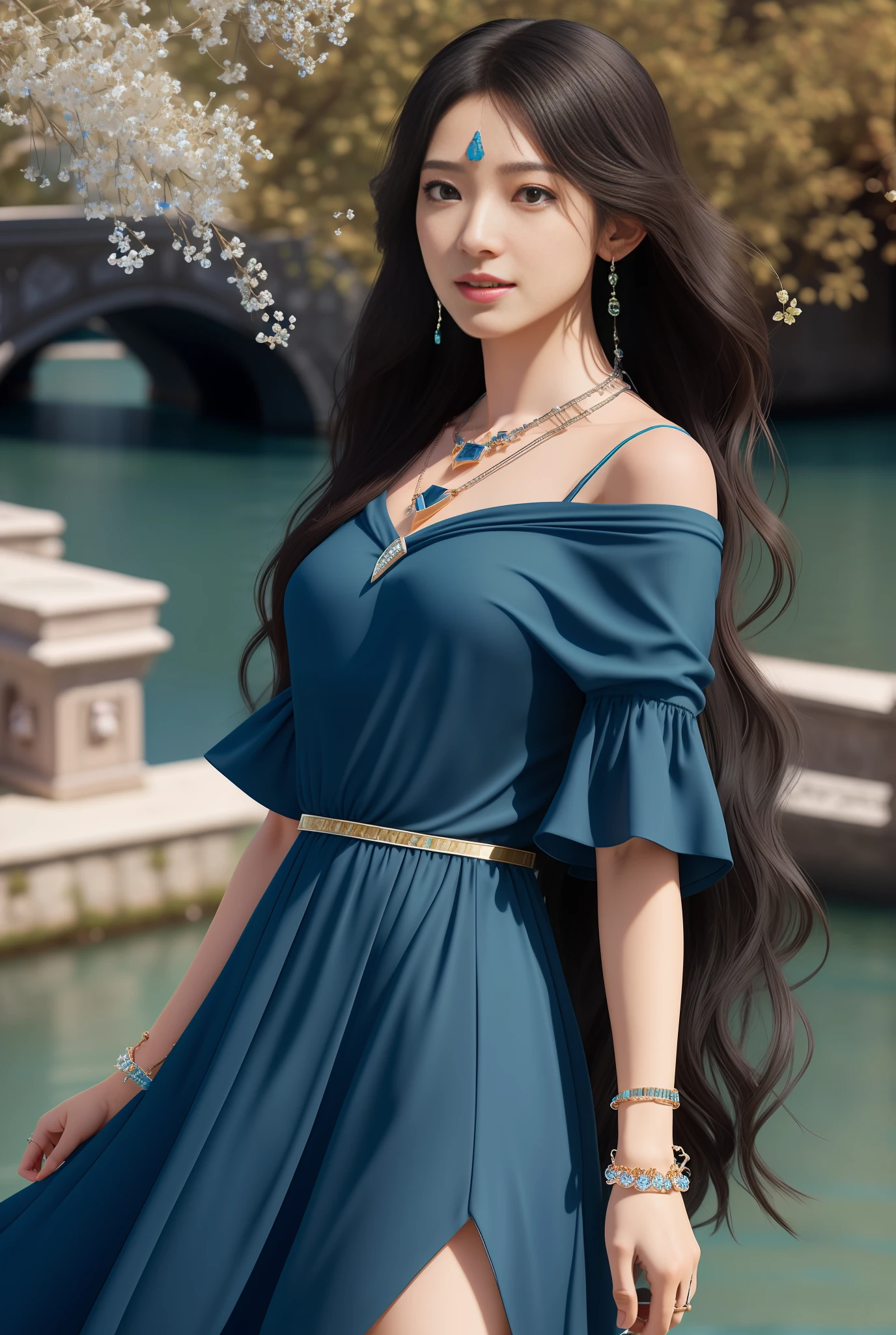 ,(blue theme,),in summer,(nature:1.9),1girl,full body,black hair,very long hair,grin,(Bridge of Sighs background),dynamic angle,dynamic pose,outdoors,Italian Venice style architecture,High color saturation,Color saturation,(jewelry:1.9),putting on jewelry, Warm light,Warm light,
ray tracing,cinematic lighting,(raw photo:1.2), (photorealistic:1.4), absurdres, incredibly absurdres, huge filesize , ultra-detailed, highres, extremely detailed,best quality ,masterpiece, illustration, an extremely delicate and beautiful, extremely detailed ,CG ,unity ,8k wallpaper, Amazing, finely detail, masterpiece,best quality, pureerosface_v1,ulzzang-6500-v1.1,
