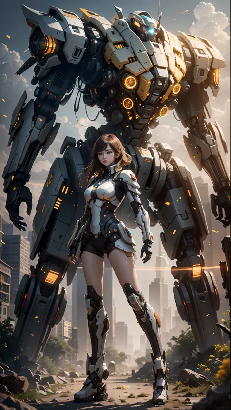 ((Best quality)), ((masterpiece)), (highly detailed:1.3), 3D,Shitu-mecha, beautiful cyberpunk women with her mecha in the ruins of city from a forgoten war, ancient technology,HDR (High Dynamic Range),Ray Tracing,Super-Resolution,Unreal 5,Subsurface scatte...