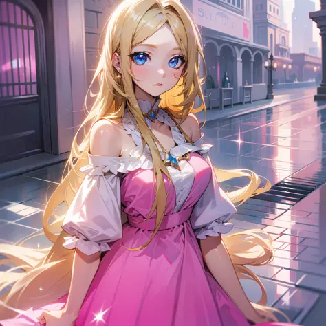 Stylish pink dress against the long flowing hair of a beautiful girl of 15 years old, blonde hair: 1.1, blue eyes, beautiful fair skin, sparkling eyes)