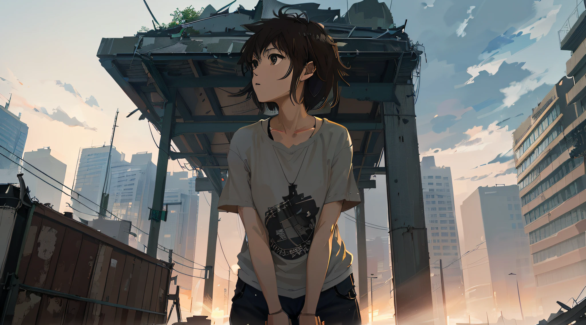 Very detailed and precise anime style illustration, very beautiful and cute young woman, solo, brown short hair, dark gray shirt, perfectly round gray eyes, female focus, dark and dilapidated skyscrapers with thick fog, large rubble around, black clouds, dramatic weather, fantastic scene. Dramatic lighting, Makoto Shinkai anime style. Anime girl standing on a city shelf with city background, Makoto Shinkai style, Makoto Shinkai. Digital rendering, Makoto Shinkai art style, anime style 4K, Makoto Shinkai style, 4K anime wallpaper, Makoto Shinkai. Octane Lender, Gwise, Makoto Shinkai