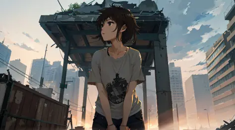 very detailed and precise anime style illustration, very beautiful and cute young woman, solo, brown short hair, dark gray shirt...