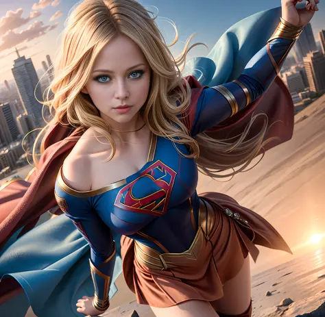 long-range photo of Avril Lavigne as Supergirl, (Flying), movie still, tight clothing skin, nude, big boos, camel's finger, mini...