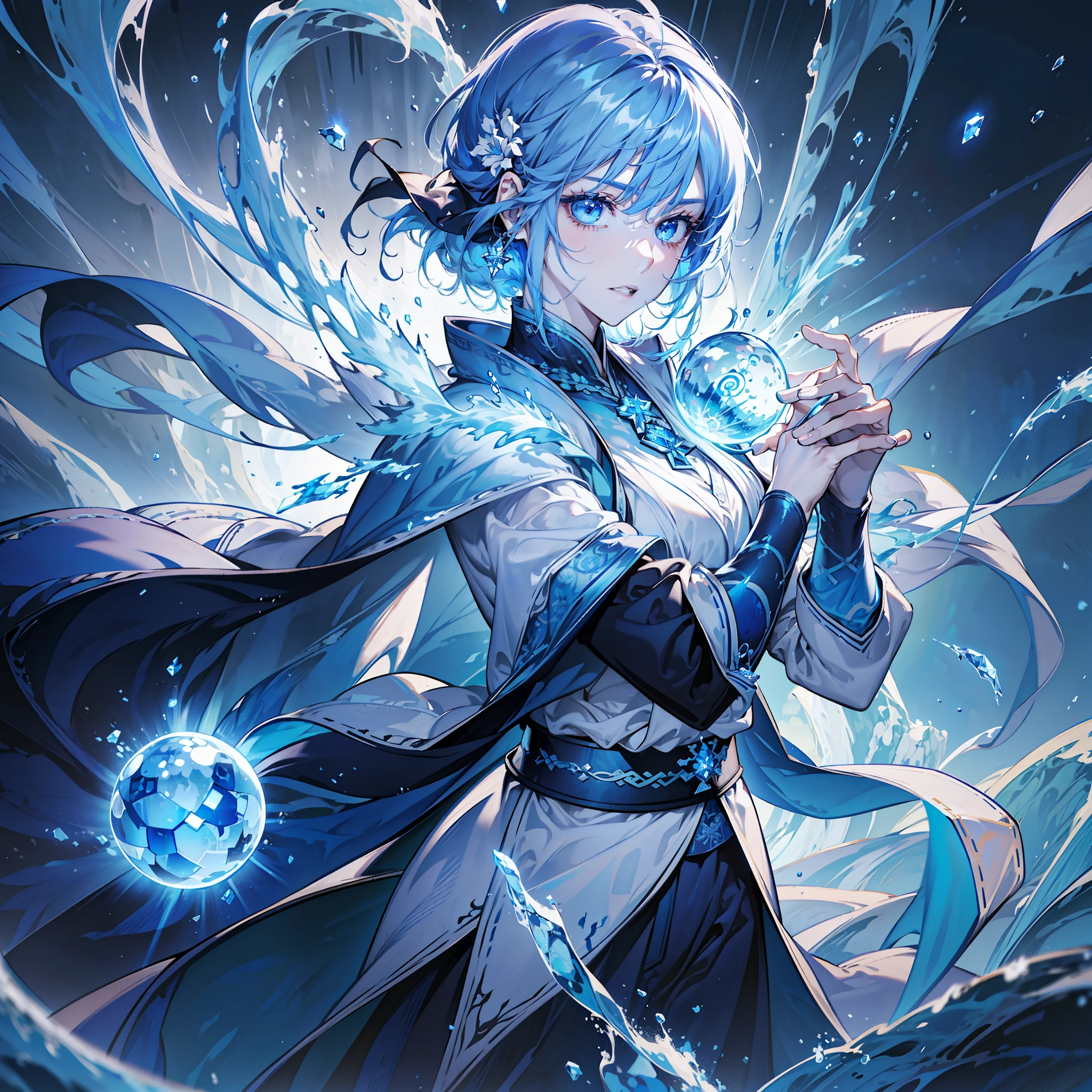 A magician, (loose dress: 1.5), (perfect facial features: 1.4), (blue silk robe), (mysterious magic formation: 1.2), ((ice dragon)), (ice crystal scales), blue light, (frost wings), powerful ice magic, icicles, towering into the clouds, blue cold light, ice storm, cold wind, flying ice and snow, spectacular effects, best quality, masterpiece, super high resolution, fine details, complex details, 8K resolution, 8KUCG wallpaper, HDR, aqua blue, magic array, cinematic lighting, chiaroscuro, ray tracing, NVIDIA RTX