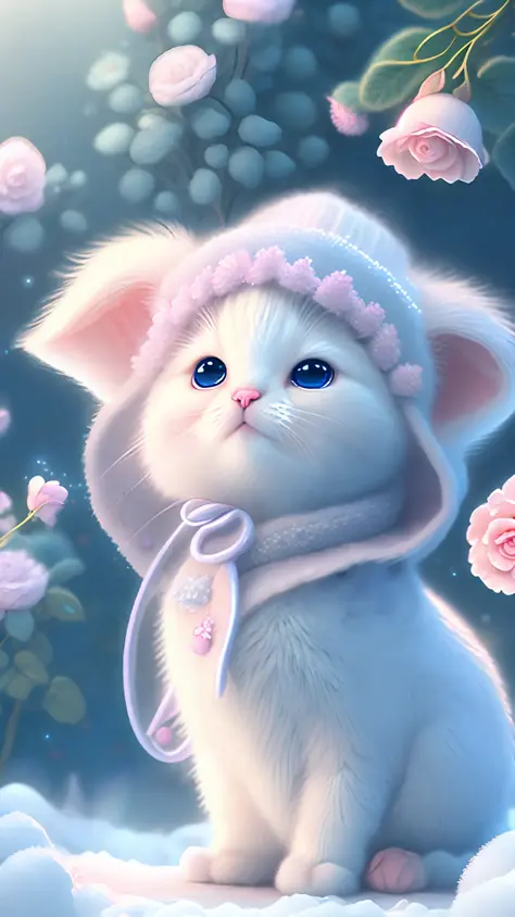 In this ultra-detailed CG art, cute kittens surrounded by ethereal roses, laughter, best quality, high resolution, intricate details, fantasy, cute animals, purple, funny, to the left!! Mouth!!! Laugh!!!