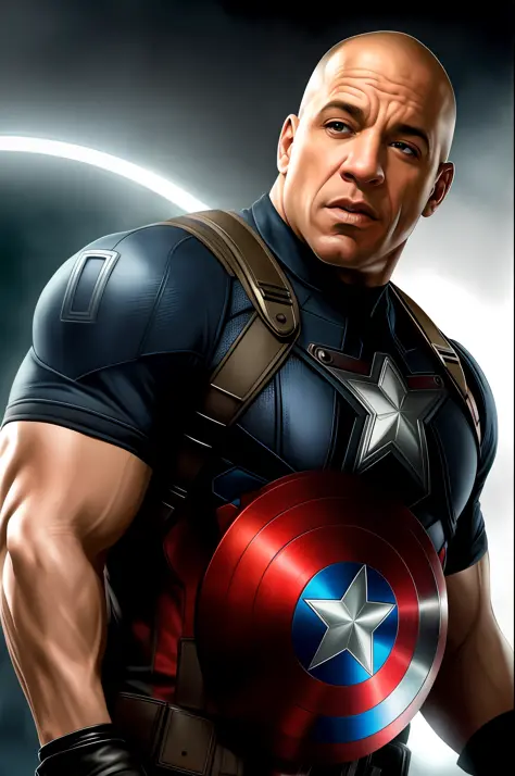 Tarantino style, Vin Diesel as Captain America 8k, high definition, detailed face, detailed face, detailed eyes, detailed suit, Marvel and DC style, hyper-realistic, + cinematic shooting + dynamic composition, incredibly detailed, sharp, details + superb d...