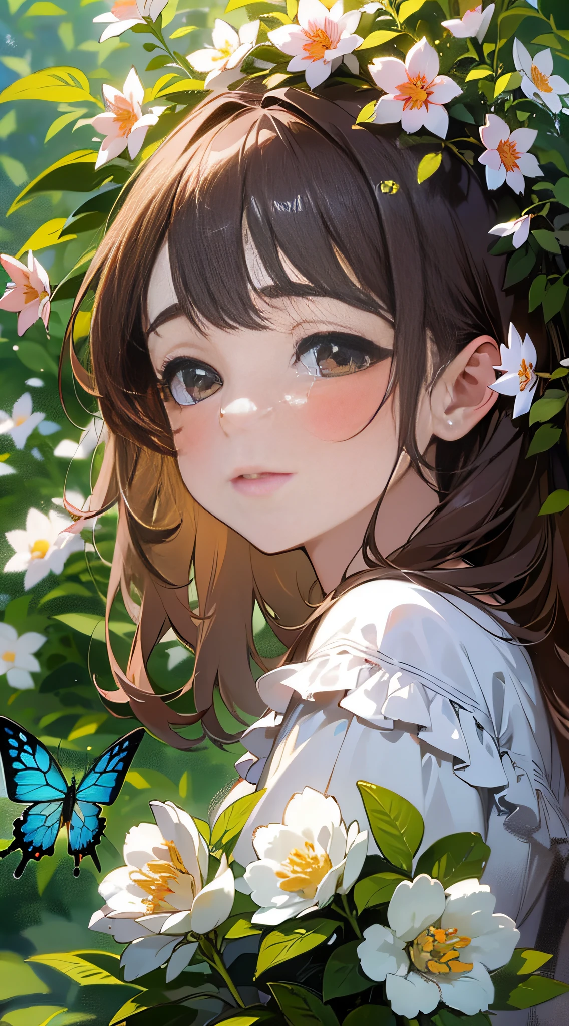 (best quality, masterpiece, ultra-realistic), portrait of 1 beautiful and delicate girl, with a soft and peaceful expression, the background scenery is a garden with flowering bushes and butterflies flying around.