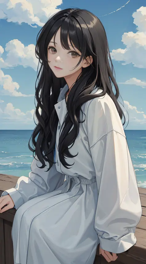 (masterpiece, best quality:1.4), looking at viewer, on_front,
(wavy hair:0.8), black hair, cloudy sky,