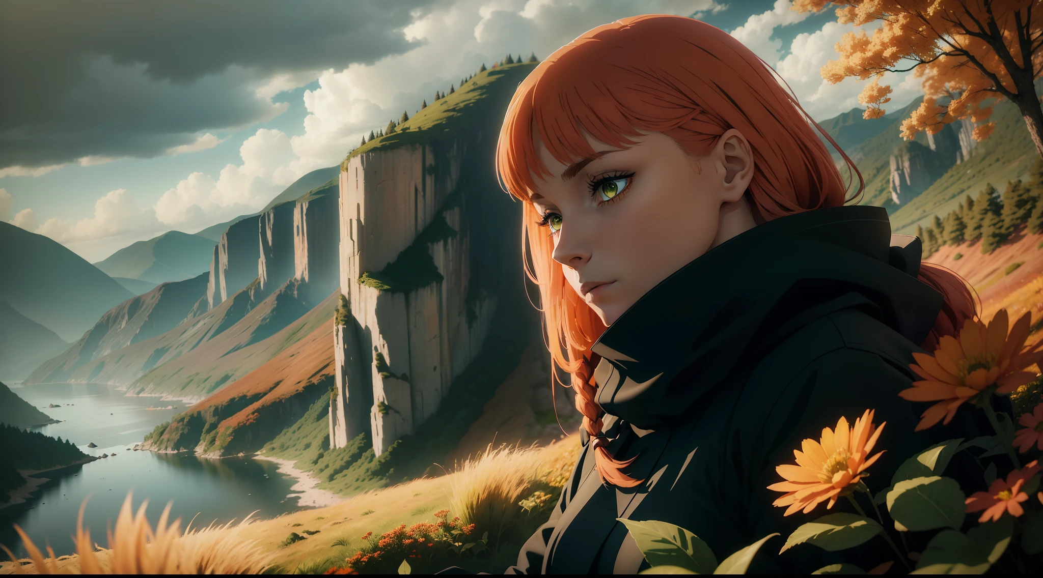 Extremely detailed, wind, anime intonation, vibrant colors, vivid, lighting going to extreme light and extreme shadow, focused on the color green, woman on her back looking at a landscape from the tip of a cliff with grasses and leaves with autumn colors, red dress, long blonde hair, wind, skin is tanned, the woman has to be highlighted with light in her hair and dress,  leaving both transparent, landscape to which she is looking over the precipice is an extremely green environment, full of trees, villages, mountains (no bigger than where the woman is), with a lot of wind and fluttering leaves everywhere, at the end of this landscape a giant tree, much larger than the mountains, the seas are reflective and the flora has strong shadows,  volumetric lighting, unreal render, octane render, perfect face, perfect dress, perfect hands, perfect face, perfect eyes, ray tracing reflections, ray traced, rtx, hdr, sharpen, cinematic, fantasy atmosphere, leaves flying everywhere to give the feeling of strong wind, extremely strong lighting and shadow, variations between black and light green, mushrooms, flowers, butterflies, bright lights, sun light on every woman,  Sun in the background reflecting throughout the landscape, only nature, no construction shadows and lights 2 times stronger