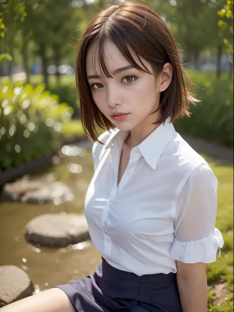 ((Best quality, 8k, Masterpiece: 1.3, raw photo)), Sharp focus: 1.2, (1 AESPA girl: 1.1), (realistic, photo-realistic:1.37), face focus, cute face, kindness, small breasts, flat chest, brunette short messy hair, sitting, wet, business suit skirt, white shi...