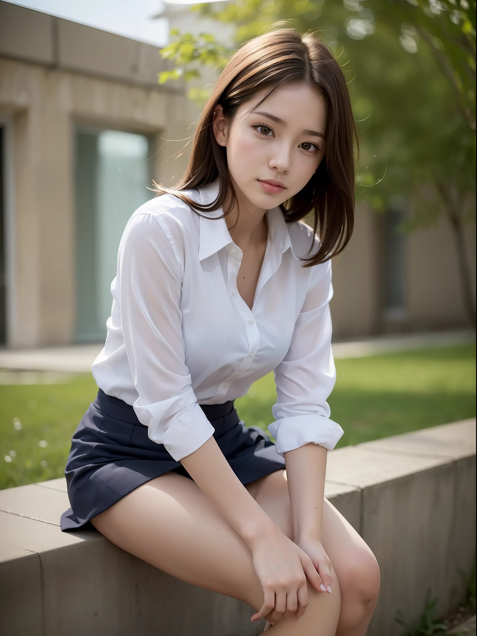 ((Best quality, 8k, Masterpiece: 1.3, raw photo)), Sharp focus: 1.2, (1 AESPA girl: 1.1), (realistic, photo-realistic:1.37), face focus, cute face, kindness, small breasts, flat chest, brunette short messy hair, sitting, wet, business suit skirt, white shirt, rain, garden, park, sunlight, cinematic lighting