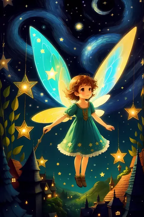 Starry night in the Fairy Kingdom, and Estelinha, the Star Fairy, flew smoothly across the sky.