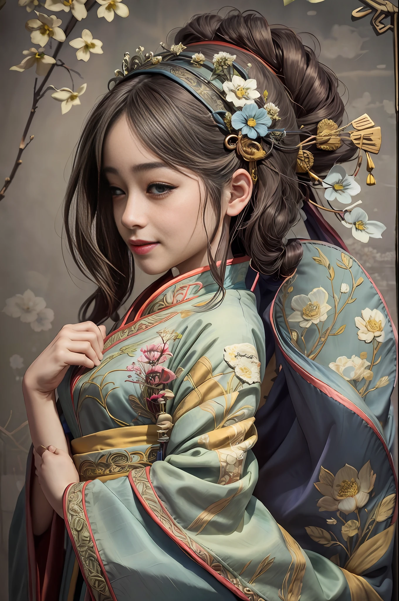 (8K, Top Quality, Masterpiece: 1), (Realistic, Photorealistic: 1), Cute, (Smile: 0.9), (Mouth Closed), Small Breasts, Solo, Beautiful Detailed Eyes, Perfect Face, Song Hanfu, 1 Girl, Longchamp, Pleated Champ Skirt, Absurdity, High Resolution, Ultra Detailed, (Princess, Solo: 1.1), Stylish Pose, Textile Manipulation, Textile Design, Embroidery, Innovative Technology, Tactile Works,(Full Body),(Chinese Shoes),(from Side:1.5),(See Below),(Hanfu),