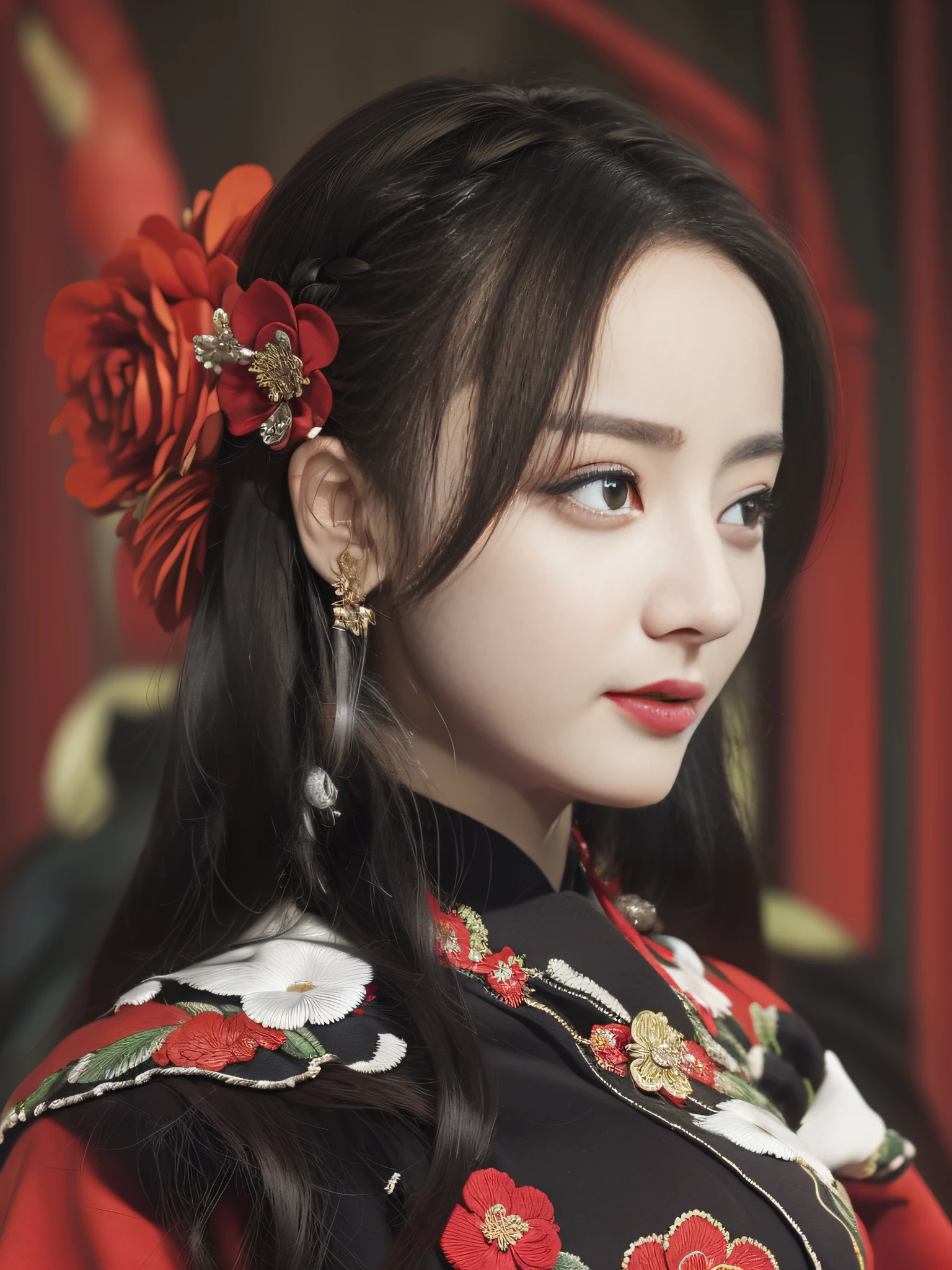 Best quality, masterpiece, realistic photos, intricate details, original photos, dressed in black Hanfu, sexy, embroidery, flowers, facial features HD, skin feeling, robes, ancient royal background, steps