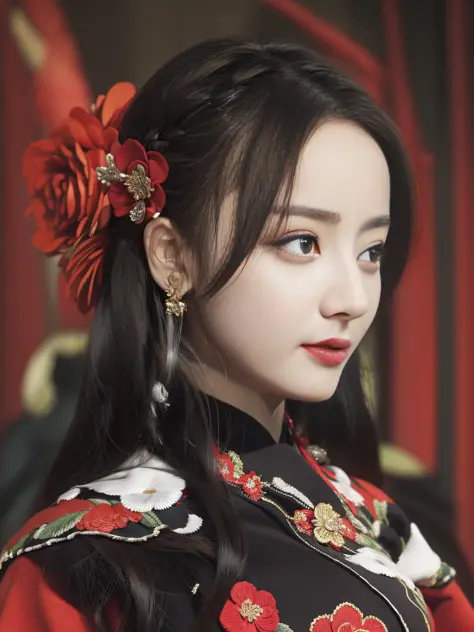 Best quality, masterpiece, realistic photos, intricate details, original photos, dressed in black Hanfu, sexy, embroidery, flowe...