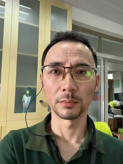 there is a man with glasses and a green shirt in a room, zeng fanzh, 8k selfie photograph, huifeng huang, liang xing, lin hsiang...
