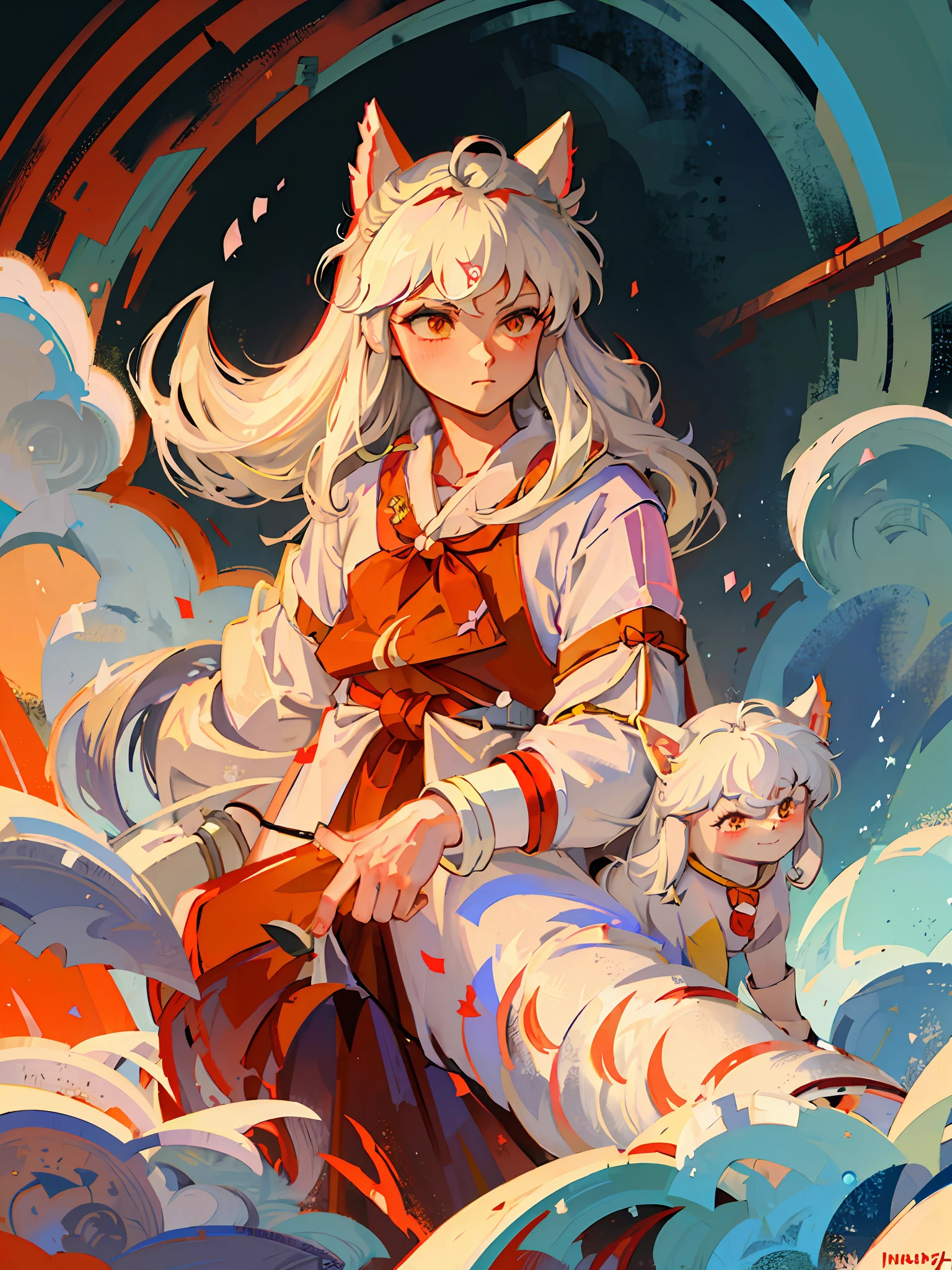 masterpiece, best quality, 1man, (((((InuYasha))))), toned, long white hair, cat ears, ((((sarashi)))), bandages,  jewelry, looking at viewer, upper body, iceberg background, sea, arctic, (red eyes:0.6) detailed, red suikan, water, dog demon, 犬夜叉