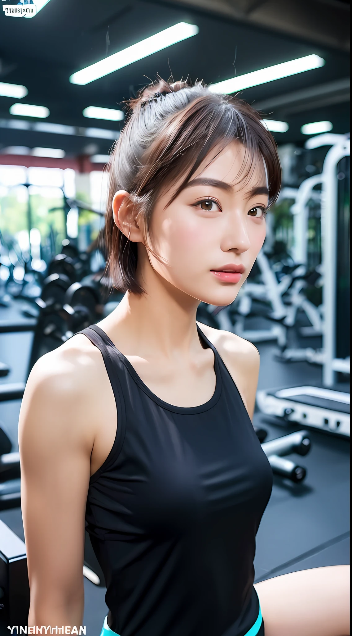 (yinchuan:1.5),, masterpiece, best quality, raw photo, photorealism, big breasts, beautiful face, soft smile, girl 20 years old, workout gym, workout wear, dress, forward bend, short hair, depth of field, high resolution, ultra detail, fine detail, very detailed, highly detailed eyes and face, sharp pupils, realistic pupils,
