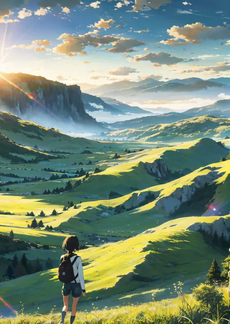 The vast sky, large grasslands, moving visual effects, colorful natural light, and a girl wearing a long-sleeved top and shorts with a backpack can be faintly seen in the distance in the middle of the meadow.