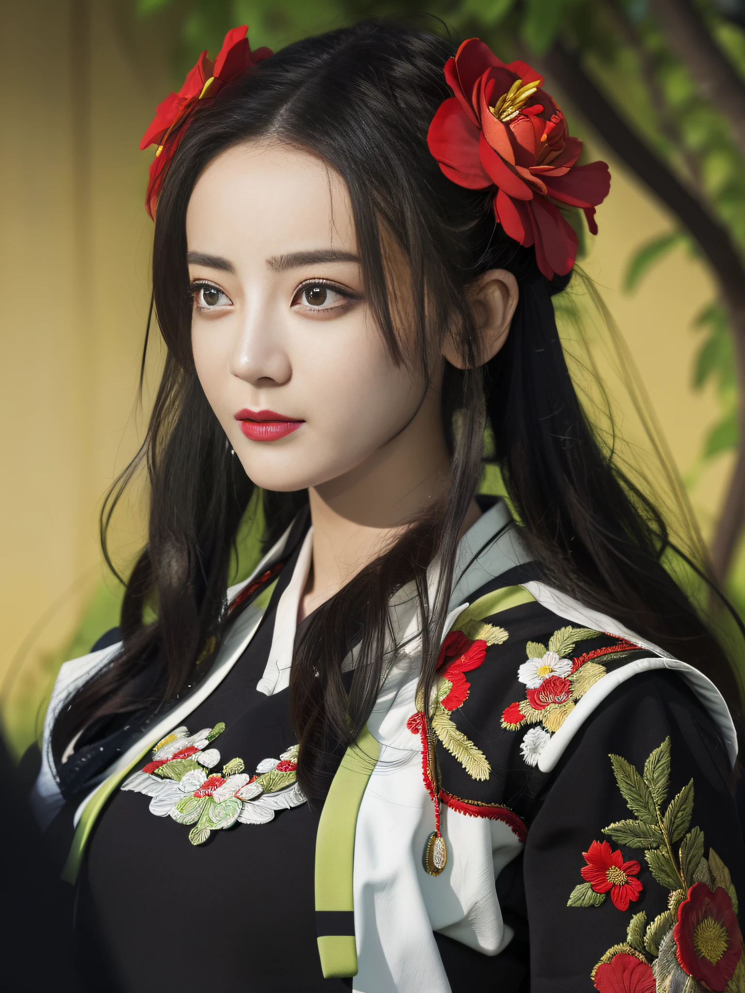 Best quality, masterpiece, realistic photos, intricate details, original photos, wearing black hanfu, bust photos, sexy, embroidery, flowers, facial features HD, skin feeling, robes, ancient royal background, steps