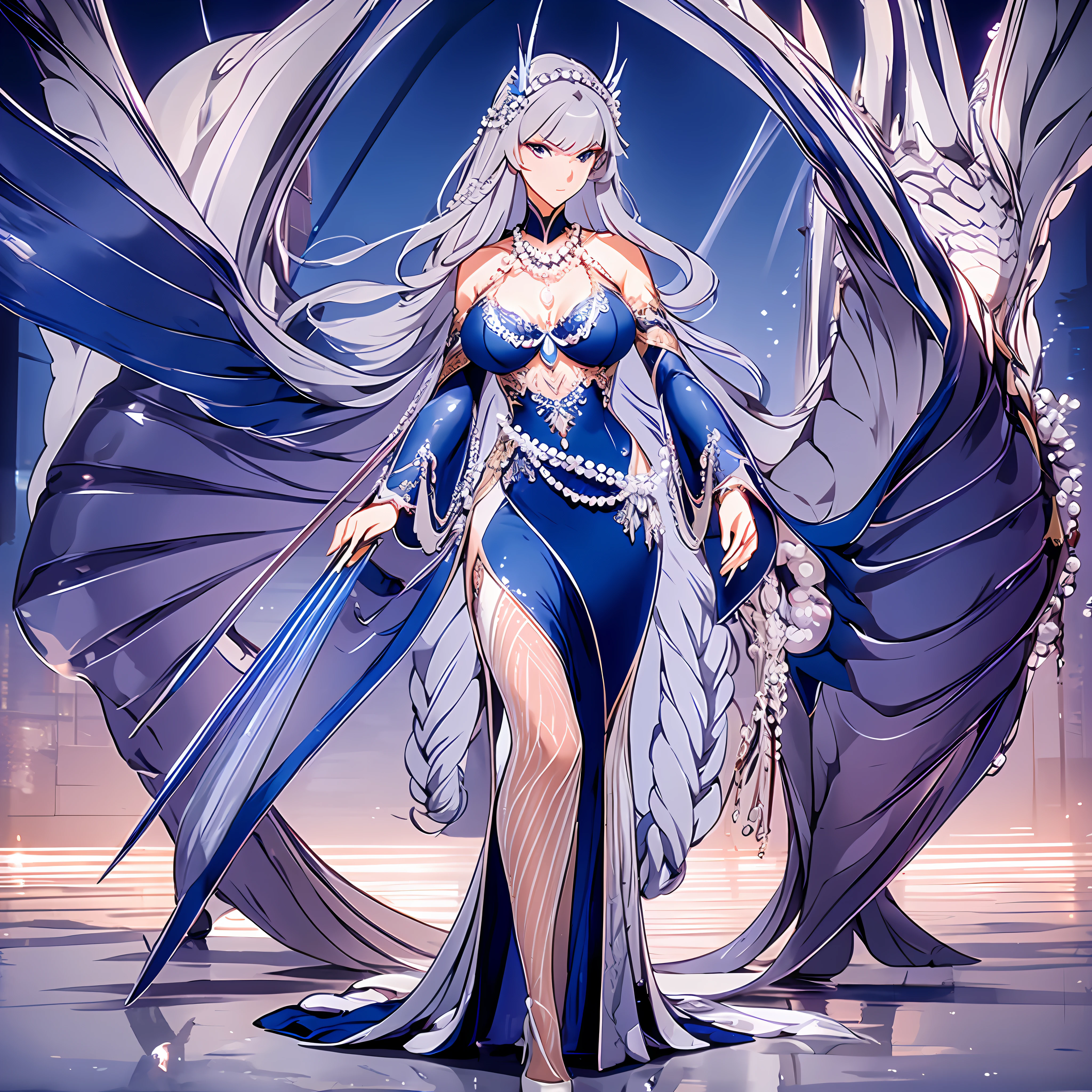 Masterpiece, 30 years age, female, long Silver hair, wearing mermaid headband, pearl necklace, Slanted eyes, blue navy sexy dress, high heels, standing above the sea, holding a dragon sword, with a sharp gaze, beautiful face, full body