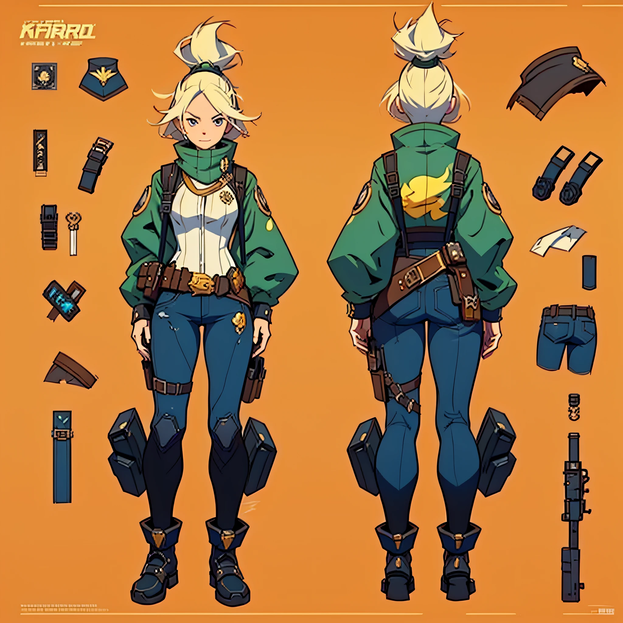 Close-up of a man in a gun costume, ((character concept art)), ((character design sheet, same character, front, side, back)) character art of maple story, video game character design, video game character design, maple story gun girl, girl wearing cute cartoon bunny hairpin on her head, yellow glowing decoration on girl's clothes, expert high detail concept art, metal bullet concept art, funny character design, Lucio as a woman, gravity rush inspiration, sticky tar. Concept art, belt buckle at waist, steampunk weapon,