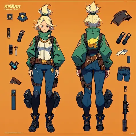 Close-up of a man in a gun costume, ((character concept art)), ((character design sheet, same character, front, side, back)) character art of maple story, video game character design, video game character design, maple story gun girl, girl wearing cute car...