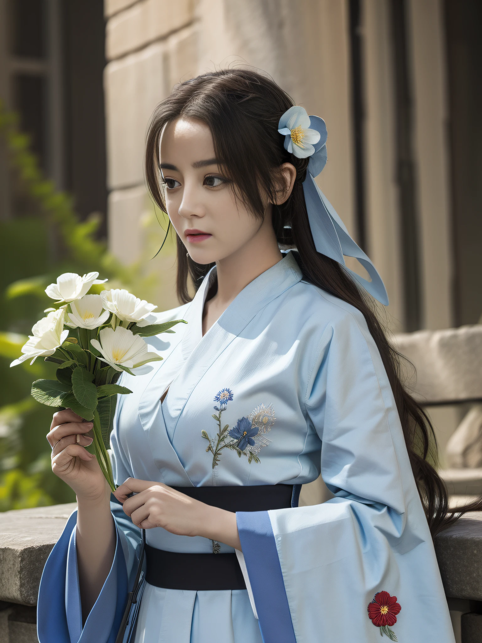 Best quality, masterpiece, realistic photos, intricate details, original photos, wearing blue hanfu, sexy, embroidery, flowers, facial features HD, skin feeling, robes, ancient royal background, steps