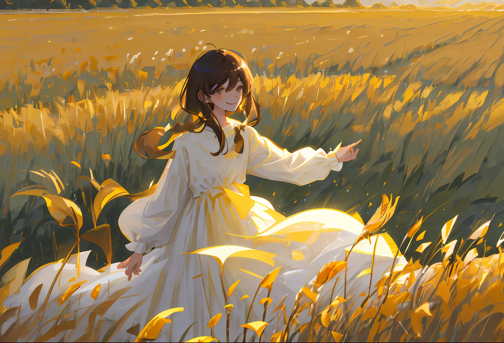 Skin, best quality, high resolution, masterpiece, a skinny brunette boy standing alone, smiling happily, bangs dyed in yellow, slightly longer hair, wearing a white shirt, bust, warm lighting, in the field, youthful, quiet and idyllic, warm glow